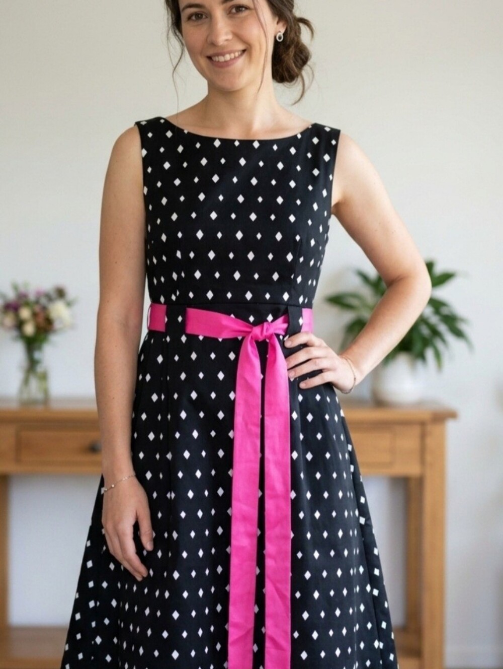 Willow Glenn NY Black White Diamond Dress Pink Sash 18W